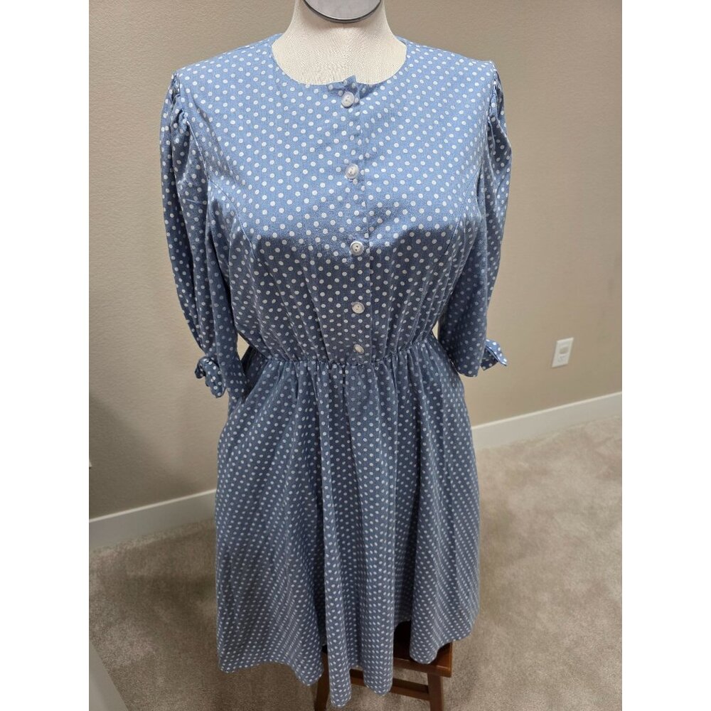 Vintage Blue Polka Dot Dress With Puff Sleeves Bow Accents & Button Front Size 1
